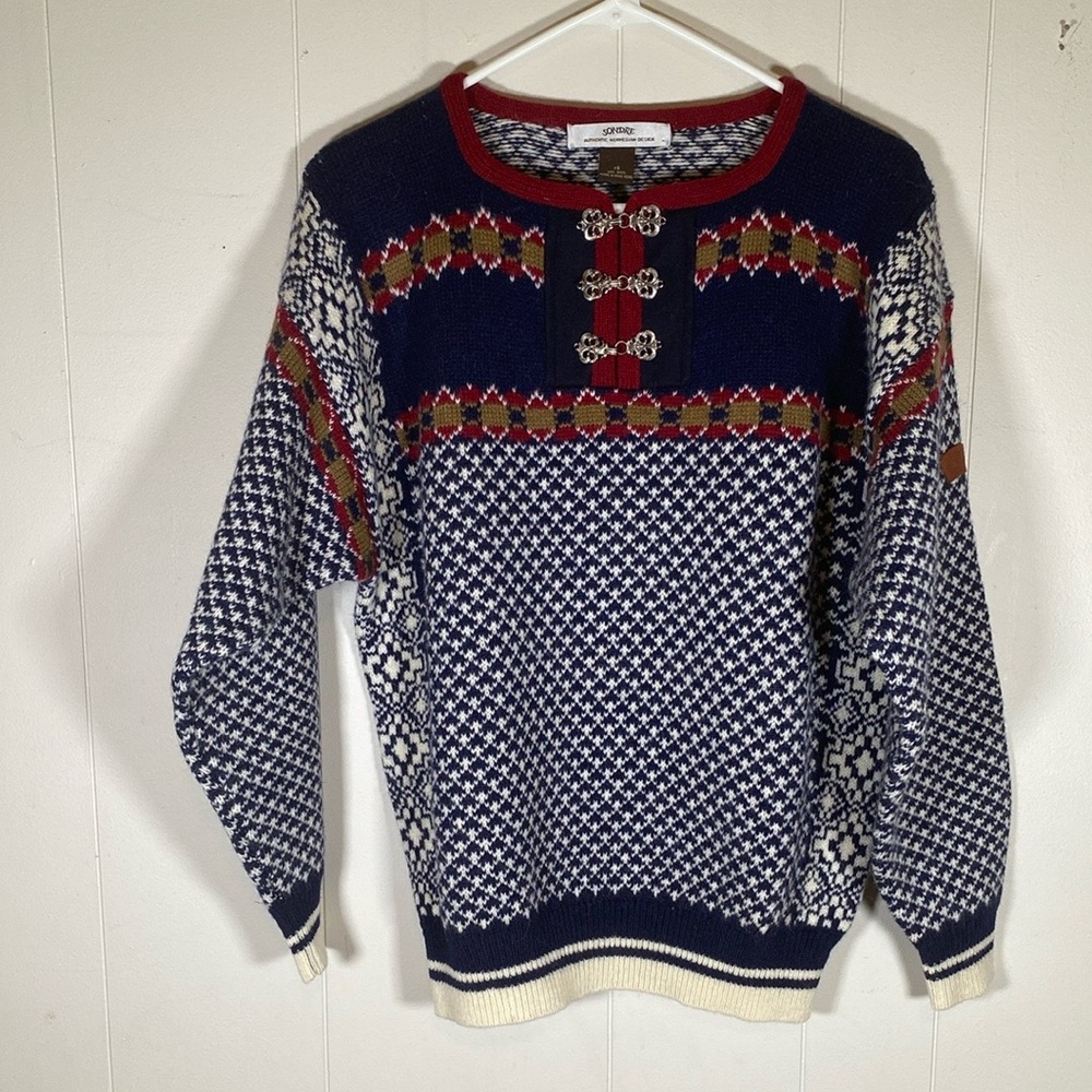 Sondre Nordic Wool Fair Isle Sweater Mens Size Metal Clasp Closure size XS